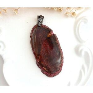 Red Sliced Agate Smooth Crystal Freeform Large Silver Toned Vintage Pendant